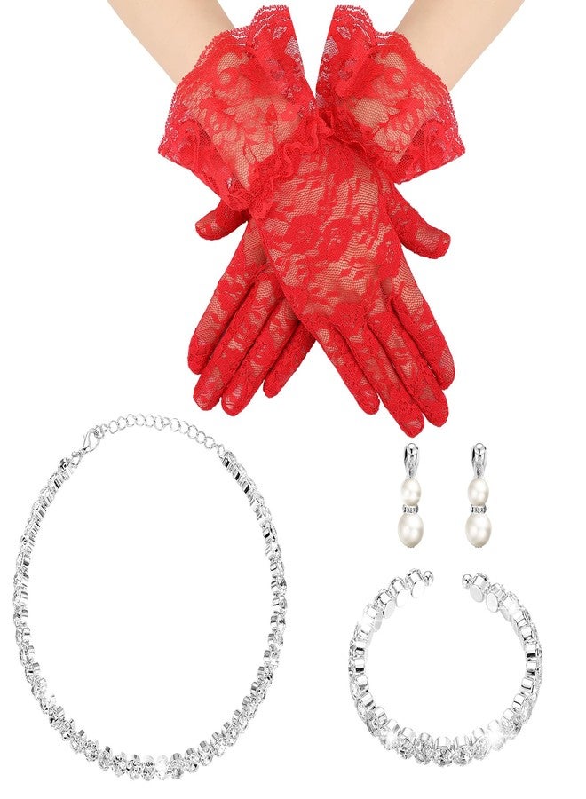 Newcotte 4 Pcs Pearl Necklace Sets Jewelry Communion Glove for First Communion Tea Party Wedding(Red) - Image 1